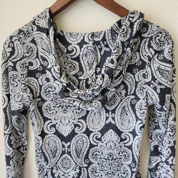 AERODYNAMICS paisley long sleeve hoodie navy and white V-neck pullover Sz S Boho - Picture 4 of 8
